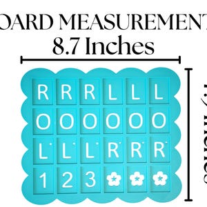 May include: A turquoise board with scalloped edges, measuring 8.7 x 7.5 inches, features letter and number tiles. The letters spell out "ROLL" and "123" with flower icons. The text "BOARD MEASUREMENTS" is at the top.
