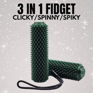 May include: Two green, spiky fidget toys with a black lanyard. The toys are cylindrical and have a textured surface. Text on the image reads "3 IN 1 FIDGET CLICKY/SPINNY/SPIKY". The background is a light gray with white star shapes.
