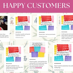 May include: Image featuring customer reviews for a Mahjong practice board. The reviews are displayed in small white boxes with text and star ratings. The words "HAPPY CUSTOMERS" are at the top in a pink banner.