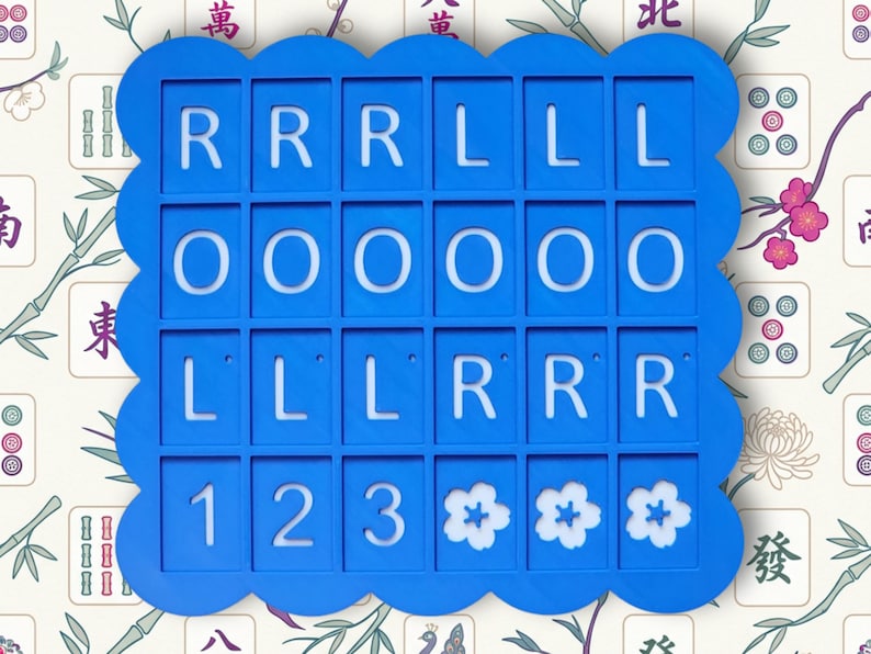 May include: A blue, scalloped-edge game board with white letters and numbers. The letters spell out "RRRLLLOOOLLLRRR" and the numbers are "123". Three white flower designs are at the bottom. The background has a floral and Chinese character pattern.