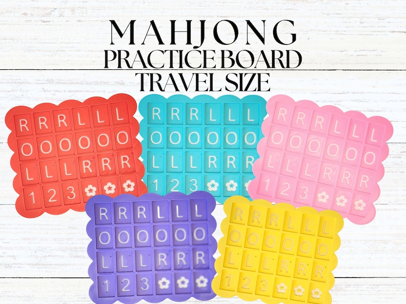 May include: Five colorful Mahjong practice boards in red, teal, pink, purple, and yellow. Each board has a scalloped edge and features letter and number tiles for practice. The text "MAHJONG PRACTICE BOARD TRAVEL SIZE" is at the top.