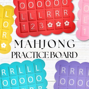 May include: Colorful Mahjong practice boards in yellow, red, pink, teal, and purple. Each board has a scalloped edge and contains letter and number tiles. The text "MAHJONG PRACTICE BOARD" is displayed in the center.
