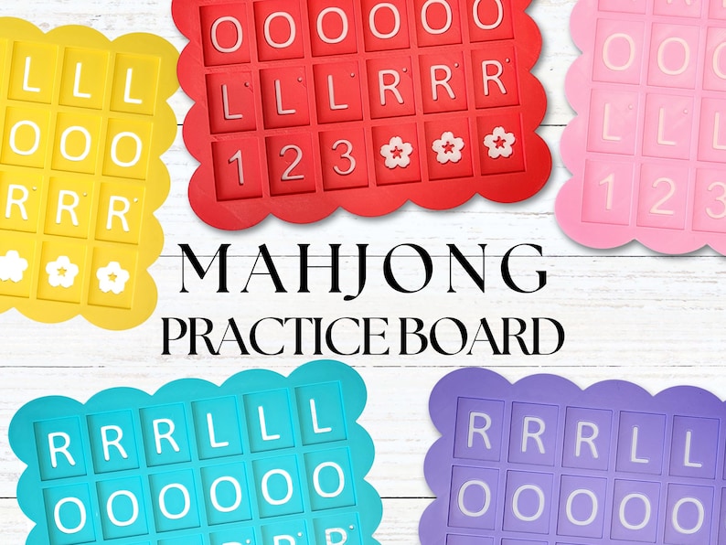 May include: Colorful Mahjong practice boards in yellow, red, pink, teal, and purple. Each board has a scalloped edge and contains letter and number tiles. The text "MAHJONG PRACTICE BOARD" is displayed in the center.