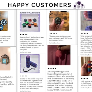 May include: Image displaying customer feedback on fidget toys. Reviews praise the quality and design of the products. The image features various fidget toys, such as clickers, spinners, and other tactile items, with positive comments.