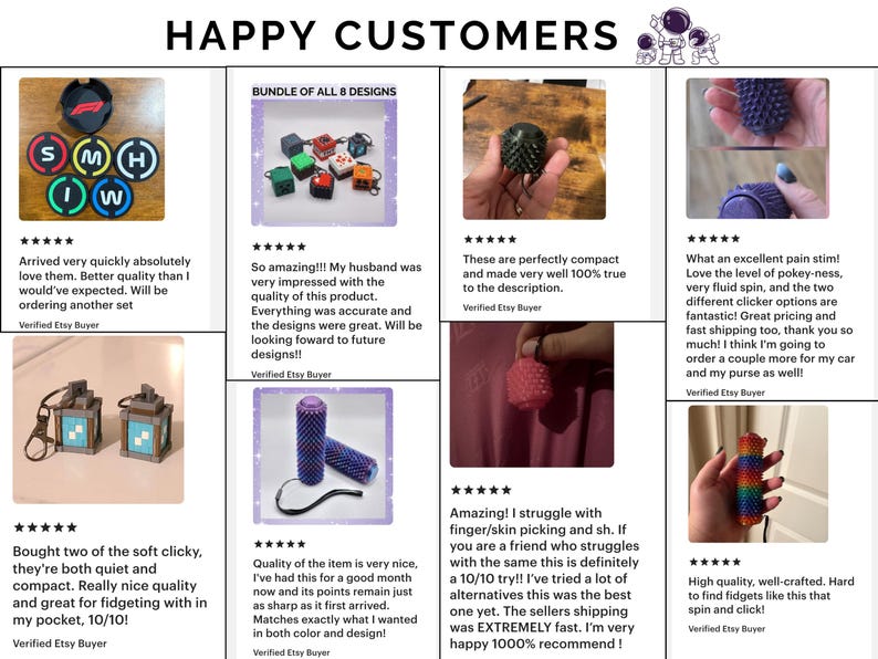 May include: Image displaying customer feedback on fidget toys. Reviews praise the quality and design of the products. The image features various fidget toys, such as clickers, spinners, and other tactile items, with positive comments.