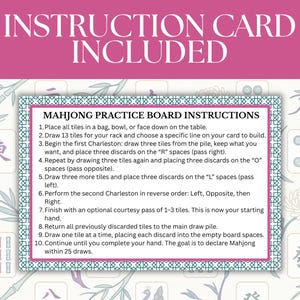 May include: A pink instruction card with the text "INSTRUCTION CARD INCLUDED" at the top. Below is a Mahjong practice board instructions card with numbered steps. The background has floral and bamboo designs.
