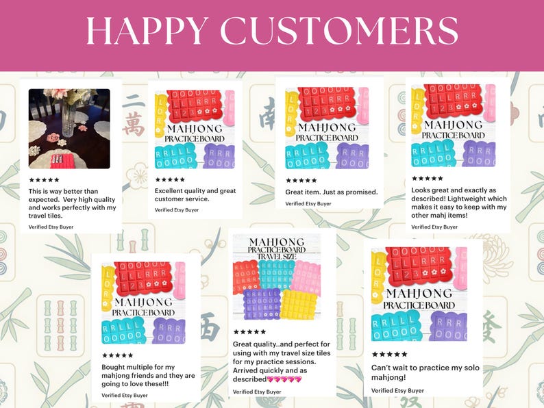 May include: Image featuring customer reviews for a Mahjong practice board. The reviews are displayed in small white boxes with text and star ratings. The words "HAPPY CUSTOMERS" are at the top in a pink banner.