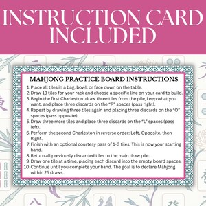 May include: A pink instruction card with the text "INSTRUCTION CARD INCLUDED" at the top. Below is a Mahjong practice board instructions card with numbered steps. The background has floral and bamboo designs.