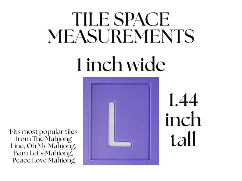 May include: A purple tile space measurement tool with the letter "L" in white. The text reads "TILE SPACE MEASUREMENTS" and "1 inch wide" and "1.44 inch tall". The text also mentions tile brands.