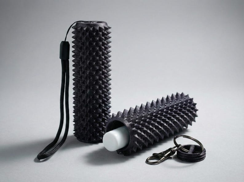 May include: Black cylindrical containers with a spiky texture, a wrist strap, and a keychain. One container is upright, the other is horizontal, revealing a white object inside. The items are on a grey surface.