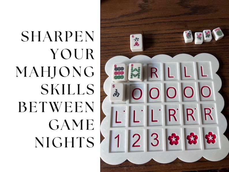 May include: A white Mahjong game board with red lettering and numbers. The board has a scalloped edge and is partially filled with tiles. The text "SHARPEN YOUR MAHJONG SKILLS BETWEEN GAME NIGHTS" is on the left.