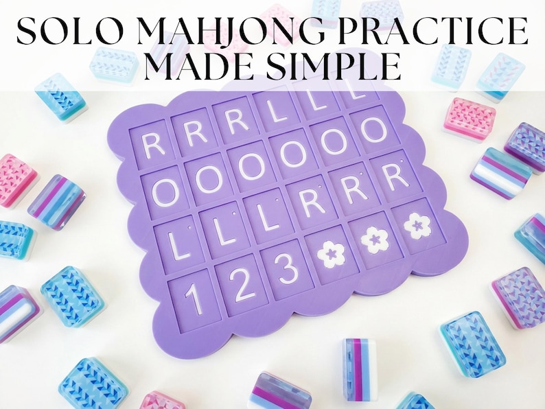 May include: A purple mahjong practice board with white letter tiles and flower symbols. The board is surrounded by colorful mahjong tiles in shades of blue, pink, and purple. Text at the top reads: SOLO MAHJONG PRACTICE MADE SIMPLE.