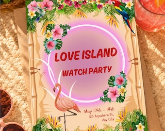 Mall för inbjudan till Love Island-fest | Redigerbar inbjudan till Love Island-fest | Tropisk visningsfest | Canva-mall