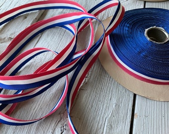 1 Yard Mid-Century Vintage Rayon Ribbon Red White Blue Patriotic (Ref: A-3542 Box 4)