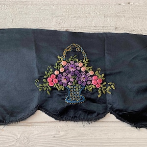 One Antique Embroidered Black Satin Fragment Repurposed from Antique Canopy Scalloped Edge Please Read All Item Details (Ref: A-5666 Box 1)
