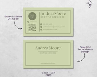 Modello di biglietto da visita verde tonale modificabile con codice QR - Modello di design estetico per Canva - Icone eleganti per i social media - Download digitale