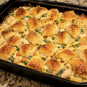 Könnte beinhalten: Ein gebackenes Auflaufgericht mit Hühnchen und Gemüse, belegt mit goldbraunen Keksen. Das Gericht enthält sichtbare Erbsen, Karotten und Mais, alles gebacken in einer cremigen Sauce. Die Backform ist schwarz.