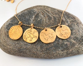 Gold Coin Necklace Personalized, Horse Charm Necklace, Pony Necklace, Gold Coin Necklace, Medallion Necklace, Gold Disc Necklace, MomentusNY