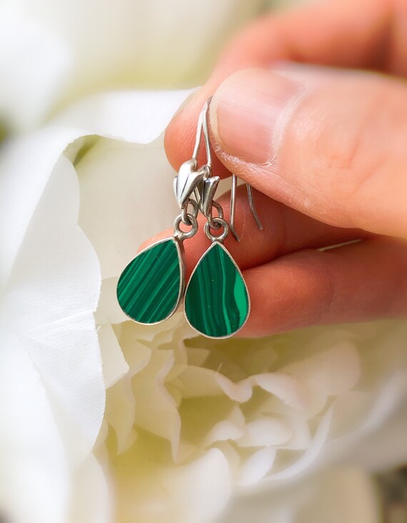 Vintage Sterling Silver Malachite Tear Drop Earrin