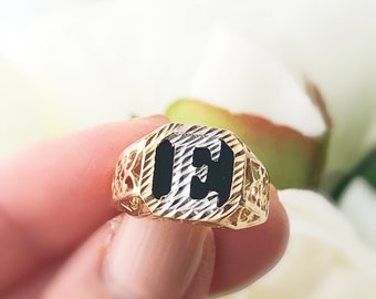 Vintage 14K and Onyx Filigree Gold Initial Ring, Vintage 14K Gold Initial Ring, Vintage 14K Gold Letter "E" Ring, 14K Gold Initial "E" Ring