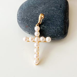 Vintage 14K Gold Pearl Cross Pendant: Enhancer Clasp Charm, 14K Yellow Gold White Pearl Cross Charm, Vintage 14k Gold Clip On Pearl Pendant