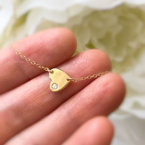 Gold Sideways Heart Necklace, Sterling Sideways Heart Necklace With CZ Stone, Small Gold Heart Necklace, Petite Heart Charm Necklace