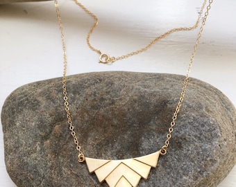 Vintage Art Deco Style Chevron Brass Charm Necklace, Geometric Pendant
