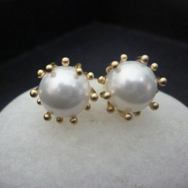 big pearl stud earrings with gold fancy prong setting-classic pearl studs-big pearl stud earrings-pearl studs in gold-bridal pearl earrings