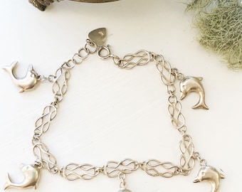 Vintage Sterling Silver Dolphin Charm Bracelet, Vintage Sterling Eternity Link Bracelet, Vintage Sterling Silver Ocean Charm Bracelet