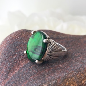 Vintage Sterling Art Deco Green Abalone Stone Ring, Vintage Sterling Green Stone Statement Ring, Vintage Sterling Large Green Gemstone Ring