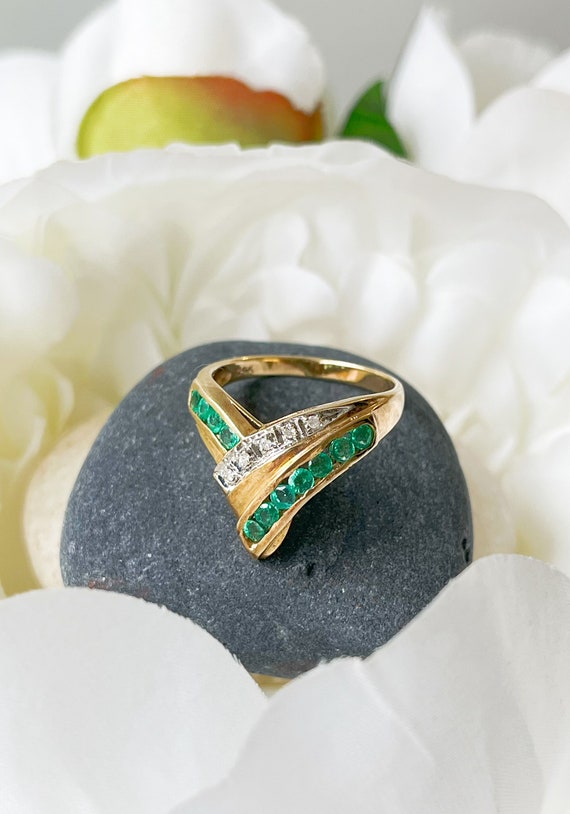 Vintage 14K Gold Emerald And Diamond Ring, Vintage