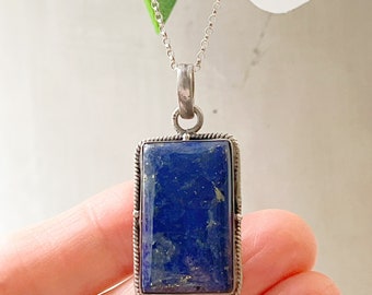 Vintage Sterling Silver Large Lapis Pendant Necklace, Vintage Large Lapis Necklace, Vintage Lapis Pendant, Vintage Natural Lapis Necklace