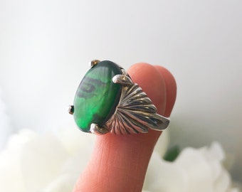 Vintage Sterling Silver Green Abalone Ring, Vintage Sterling Statement Ring, Retro Sterling Gemstone Ring, Vintage Sterling Cocktail Ring