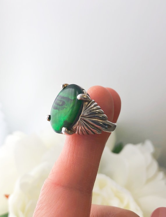 Vintage Sterling Silver Green Abalone Ring, Vinta… - image 1