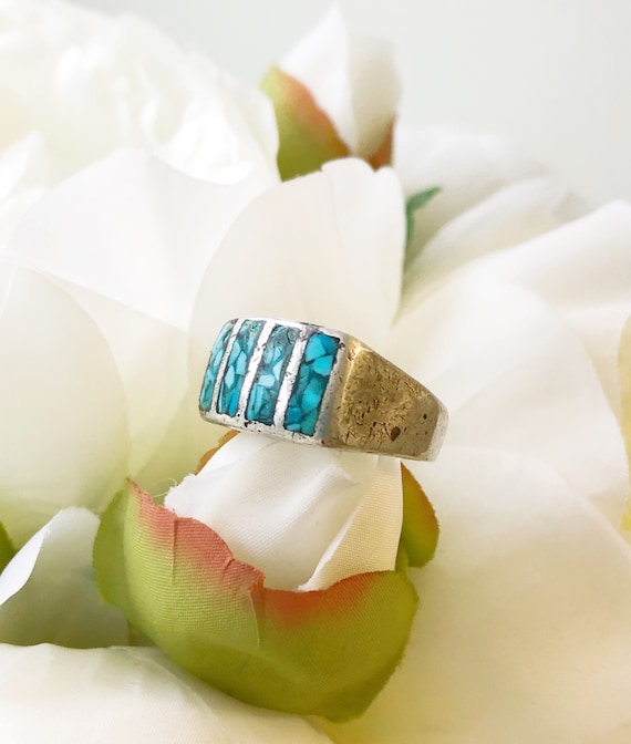 Vintage Navajo Crushed Turquoise Inlay Ring, Vint… - image 1