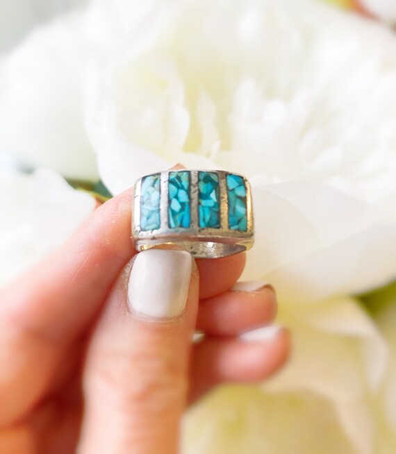 Vintage Navajo Crushed Turquoise Inlay Ring, Vint… - image 2