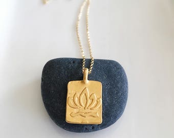 Gold Lotus Necklace, Lotus Necklace, Lotus Flower Necklace, Yoga Jewelry, Gold Rectangle Necklace, Zen Jewelery, Gold Lotud Flower Necklace