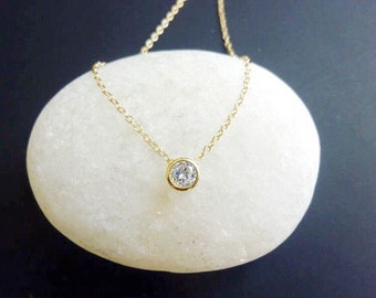 Single Diamond Necklace, Solitaire Diamond Necklace, Small Diamond Necklace, Bezel Set Diamond Necklace, Gold Diamond Necklace, CZ Stone