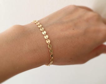 Gold Filled Small Disc Chain Bracelet, Gold Filled Fancy Chain Choker Necklace, Gold Filled Small Coin Link Bracelet, Gold Chain Choker