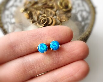 Small Opal Stud Earrings, Small Blue Opal Stud Earrings, Prong Setting Opal Stud Earrings, Blue Opal Studs Gold, October Stone, Opal Studs