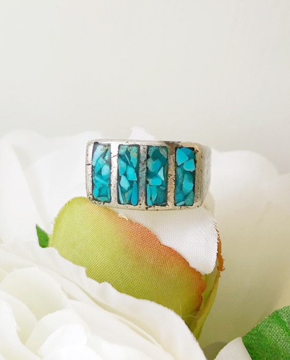 Vintage Navajo Crushed Turquoise Inlay Ring, Vint… - image 3