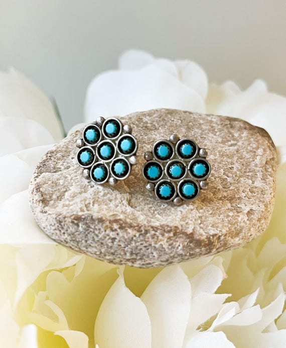 Marvelous Vintage Native American Zuni Blue Gem Turquoise Sterling Silver Petit Point Earrings Marvelous Vintage Native American Zuni Blue Gem Turquoise Sterling Silver Petit Point Earrings