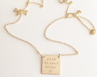 Gold Filled Personalized Square Charm Necklace, Mother's Day Gift, Handstamped