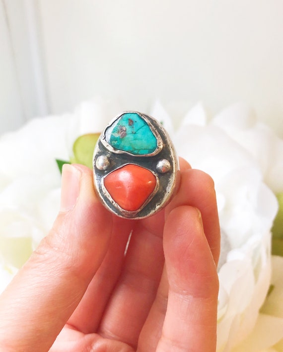 Vintage Navajo Sterling Turquoise Ring, Old Pawn T