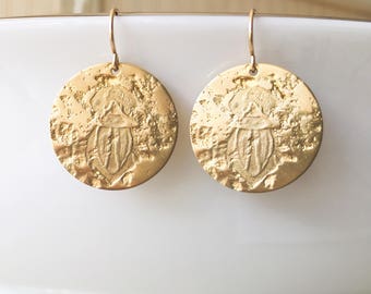 Gold Scarab Earrings, Scarab Earrings, Gold Disc Earrings, Hammered Gold Disc Earrings, Gold Drop Earrings, Big Gold Disc Earrings