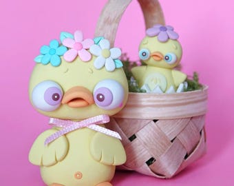 Little Lazies "Daisy and Doodle" Pair of Duckies | Easter x Mother's Day x Spring Inspired | Duck Duckling Polymer Clay Sculpture | Handmade