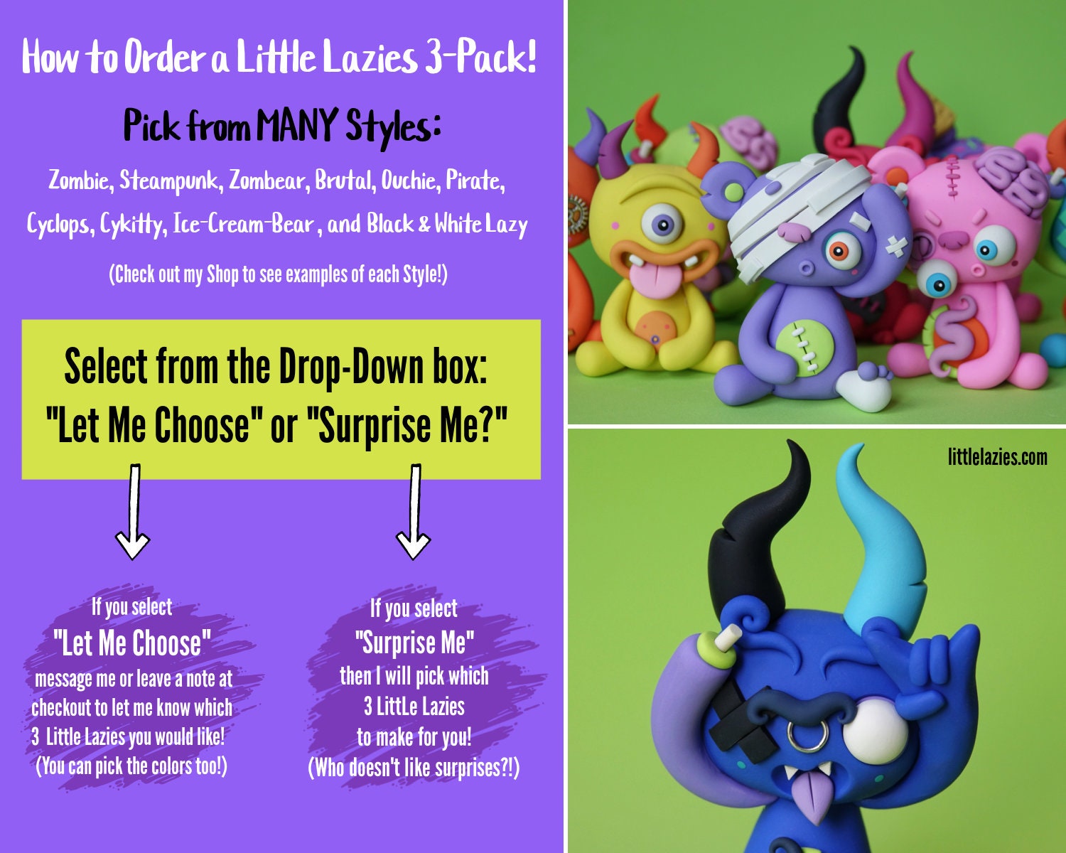 3-pack Monsters Polymer Clay Sculptures: Handmade Miniature