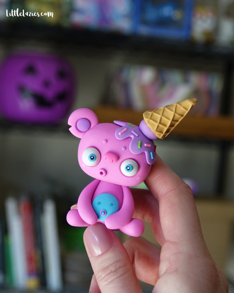 Random ICE-CREAM-BEAR LittleLazies 1 Miniature Monster Polymer Clay Sculpture Summer, Icecream Inspired Handmade Thank You image 2