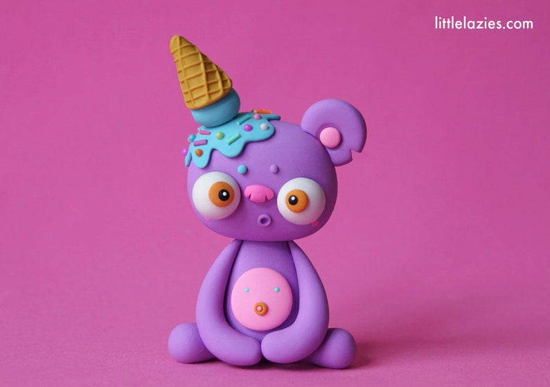 Random ICE-CREAM-BEAR LittleLazies 1 Miniature Monster Polymer Clay Sculpture Summer, Icecream Inspired Handmade Thank You image 3