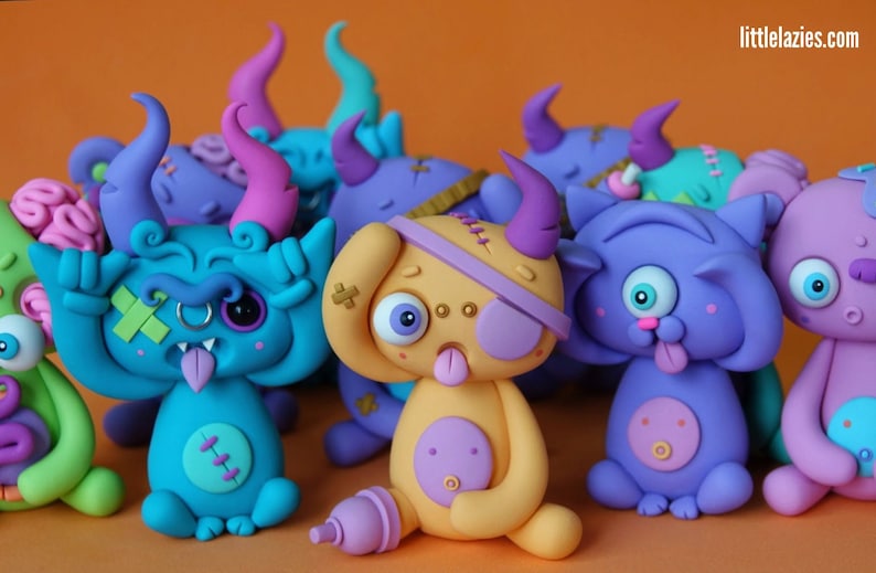 Random THREE PACK of LittleLazies 3 Miniature Monsters Polymer Clay Sculptures Handmade Thank You image 3